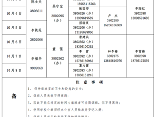 九州·体育(中国)官方网站（相山校区）JIUZHOU SPORTS办公室2017年中秋、国庆假期值班表